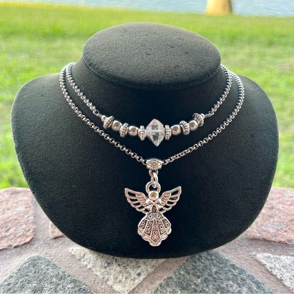 Genuine herkimer diamond crystal double layer stainless steel angel necklace - Picture 12 of 14